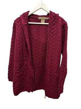 Inis Crafts Irish Wool Cable Knit Zip Sweater – Burgundy 100% Merino Wool